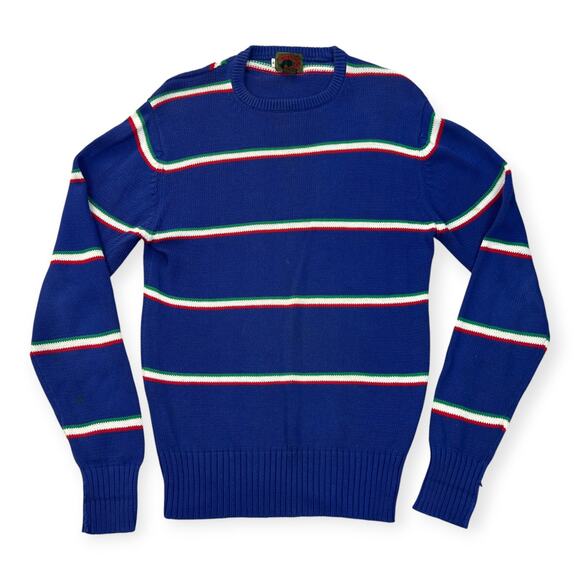 Vintage Boston Traders Mens Knit Sweater Striped Crew Neck Tight Knit Med Navy - Picture 2 of 12